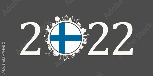2022 year number with industrial icons around zero digit. Flag of Finland.