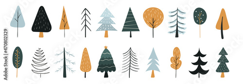 Winter Christmas tree set. Doodle collection. Vector illustration