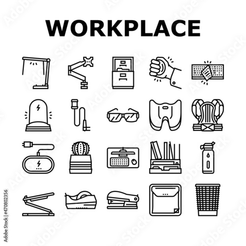 Workplace Accessories And Tools Icons Set Vector. Workplace Desk Organizer And Monitor Arm, Stapler And Tape Dispenser Stationery, Table Phone Holder And Wireless Charger Black Contour Illustrations