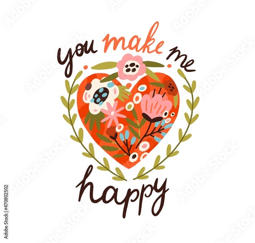 Heart with blooming love and spring flowers, lettering composition for Valent...