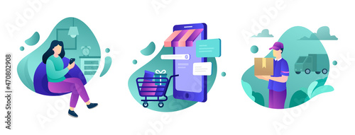 Online shopping from home. E-commerce, business concepts of online shopping, for web pages, websites, templates and background vector illustration.