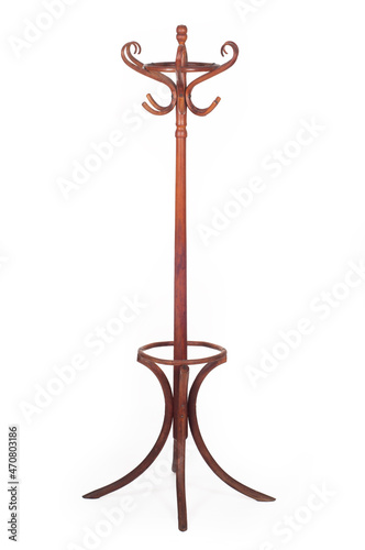 Vintage wooden coat rack on white background