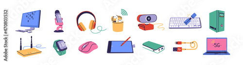 Big pack of computer accessories. Office electronics stuff like headphones, microphones, USB, laptop, tablet, mouse, router, watches, web camera. Contemporary school supplies concept. Isolated vector