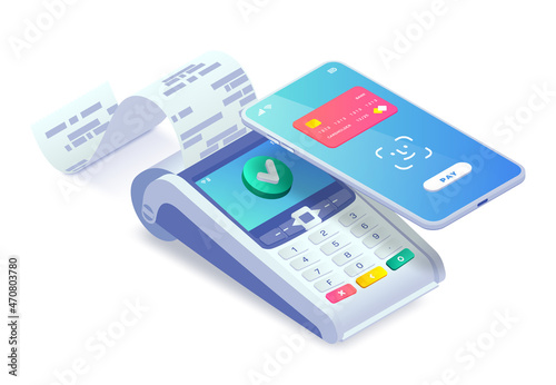Contactless payment via smartphone isometric concept. 3d Mobile phone face id payment with payment machine. Success transaction NFC payment aproved. Vector biometric identification mobile pay.