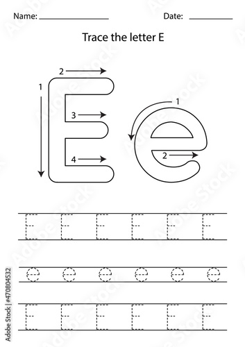 Learning English alphabet for kids. How to write letter E.