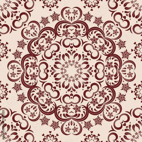 Brown seamless ornament in circle on beige background in vector. Mandala, mehendi. Tribal ethnic arabic, indian, turkish ornament. Bandanna shawl, scarf fabric print.