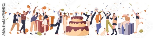 Happy people at birthday party. Friends rejoicing at anniversary, celebrate event with cake, gift and confetti. Celebration and congratulation concept. Flat vector illustration isolated on white