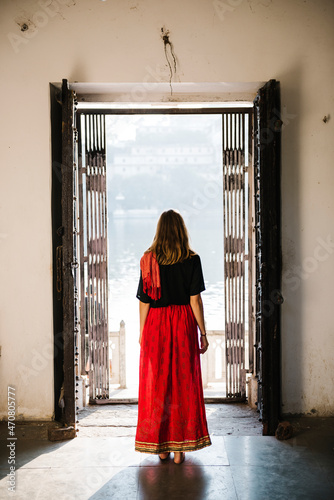 Western woman exploring a hindu temple, Maji ka Mandir photo