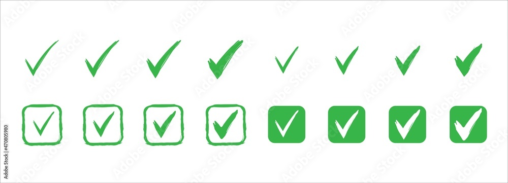Check mark icon set. Green check mark box vector icons set. Approval checklist symbol. Dry brush effect. Checked marks tick sign illustration. Symbol of checked, approved or certified. Check mark icon set. Green check mark box vector icons set. Approval checklist symbol. Dry brush effect. Checked marks tick sign illustration. Symbol of checked, approved or certified.
