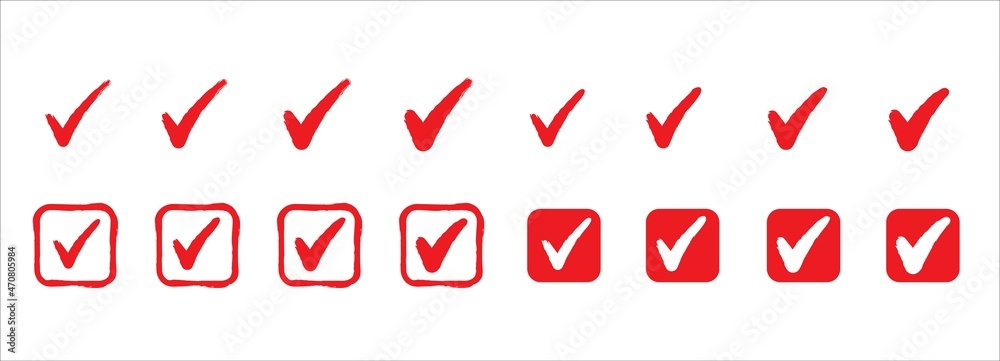 Check mark icon set. Red check mark box vector icons set. Approval checklist symbol. Dry brush effect. Checked marks tick sign illustration. Symbol of checked, approved or certified.