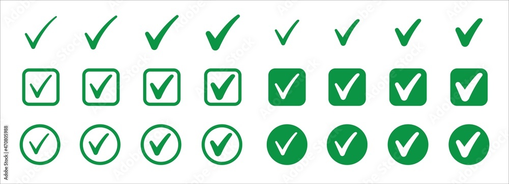 Check mark icon set. Green check mark box vector icons set. Approval checklist symbol. Simple clean and flat design. Checked marks tick sign illustration. Symbol of checked, approved or certified.