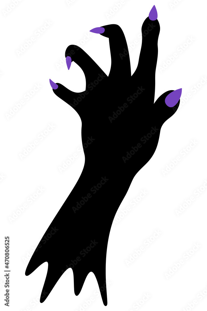 The stump of a dead man's hand. Silhouette with purple nails. Curved fingers with sharp claws. Vector illustration. Isolated white background. Halloween symbol. Decoration for All Saints Day