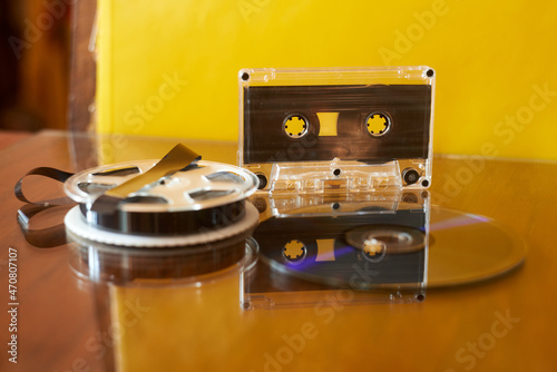 Canvas Print Photo of cassette, CD and magnetic tape