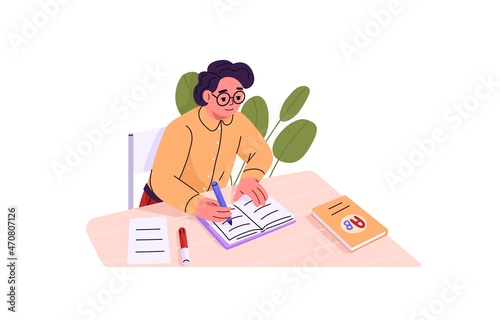 School child sitting at desk and studying. Girl in glasses writing essay in notebook. Diligent schoolkid in eyewear doing homework at table. Flat vector illustration isolated on white background