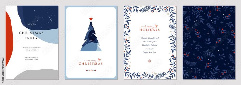 Modern Corporate Holiday cards with Christmas tree, birds, ornate floral frame, background and copy space. Universal artistic templates. - obrazy, fototapety, plakaty 