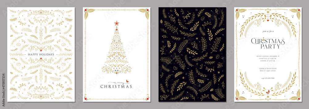 Corporate Holiday cards with Christmas tree, birds, ornate floral frames, luxury backgrounds and copy space. Universal artistic templates.