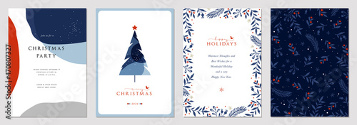Modern Corporate Holiday cards with Christmas tree, birds, ornate floral frame, background and copy space. Universal artistic templates.