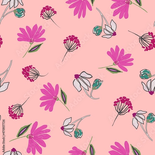 Colorful Abstract Hand Drawn Flowers Seamless Pattern Trendy Fashion Colors Perfect for Allover Fabric Or Wrapping Paper