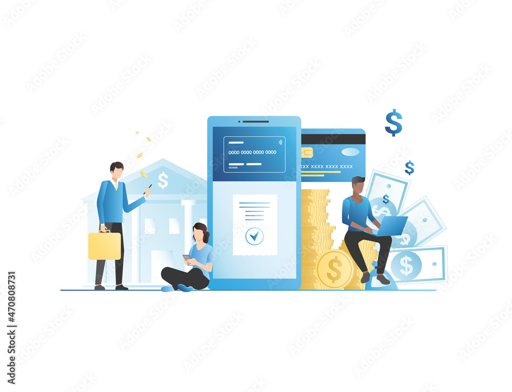 Vector people use app, website of contactless banking services on Internet to collect, save, transfer funds, money. Credit, debit card is tied to smartphone. Cash transactions in bank building.