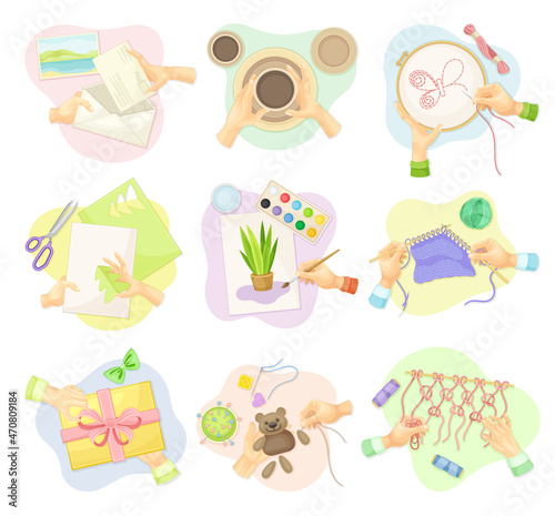 Hands creating handmade crafts set. Top view of creative work process, hobby and craft concept vector illustration