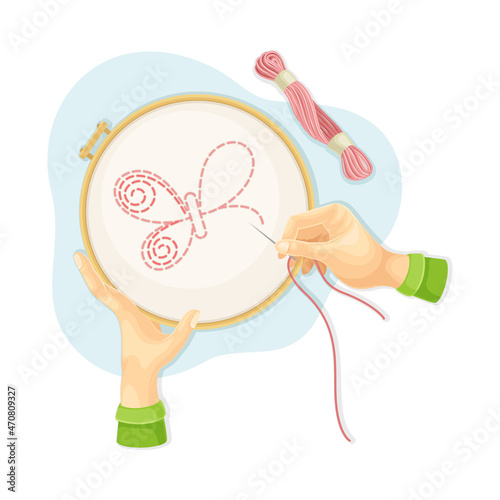 Hands embroidering butterfly on canvas. Top view of creative work process, hobby and craft concept vector illustration