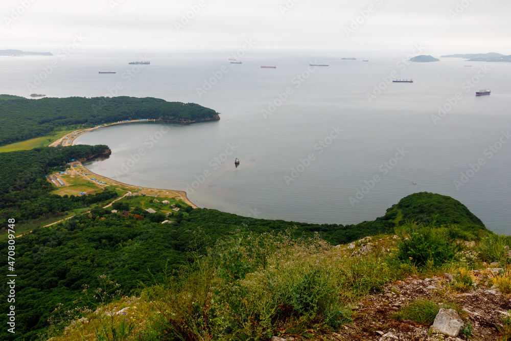 Bay Nakhodka from a height. Bukhta in the sea town of Nakhodka in the Primorsky Territory.