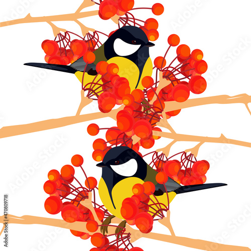 Christmas new year cute greeting card. the concept of preparing for the new year and early spring. image of a bird titmouse on a branch of winter berries. Home comfort. Greeting poster template