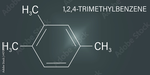 Pseudocumene (1,2,4-trimethylbenzene) aromatic hydrocarbon molecule. Occurs in naturally in coal tar and petroleum. Skeletal formula.
