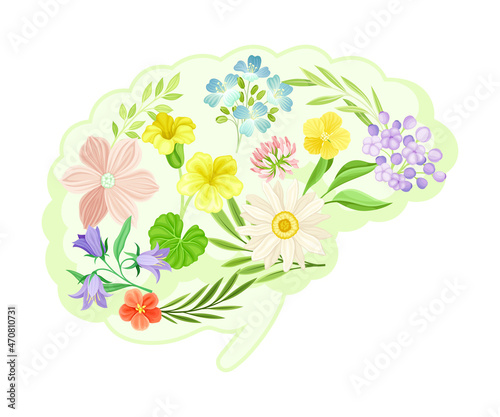 Brain with flowers and leaves. Healthy blooming human internal organ vector illustration