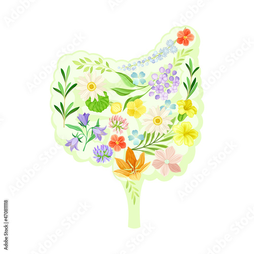 Large and small intestine, gut with flowers and leaves. Healthy blooming human internal organ vector illustration