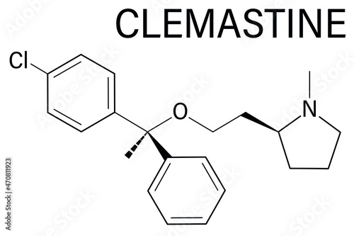 Clemastine (meclastine) antihistamine drug molecule. Used to treat allergy and itching. Skeletal formula.