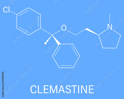 Clemastine (meclastine) antihistamine drug molecule. Used to treat allergy and itching. Skeletal formula.