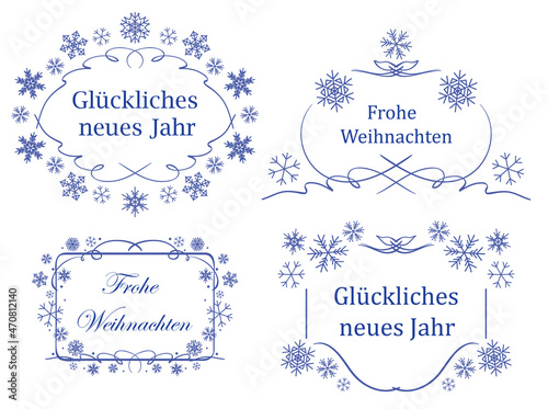 merry christmas on german - decorative frames with snowflakes for christmas holidays - vector set