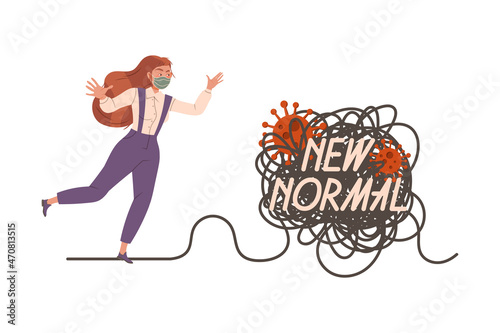 New normal concept. Woman solving problems after Coronavirus pandemic causing financial crisis cartoon vector illustration © Happypictures