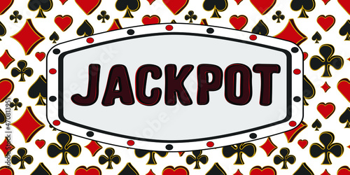 Jackpot banner with four card suits. Luxury template for casino, game design, flyer, poster, banner, web, advertising. Vector illustration