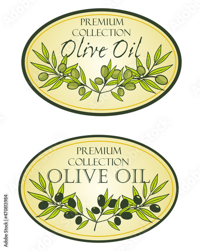 Ellipse label for olive oil,  background with olives and olive branch. Premium olive collection 
