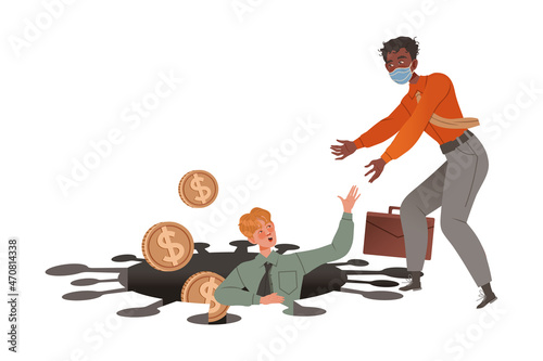 Businessman leader helping his colleague to get out of a debt hole. Coronavirus pandemic causing financial crisis concept cartoon vector illustration