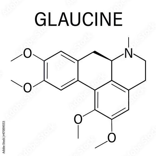 Glaucine alkaloid molecule. Found in yellow hornpoppy (Glaucium flavum) and a number of other plants. Skeletal formula.