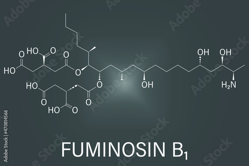 Fumonisin B1 mycotoxin molecule. Fungal toxin produced by some Fusarium molds, often present in corn and other cereals. Skeletal formula.