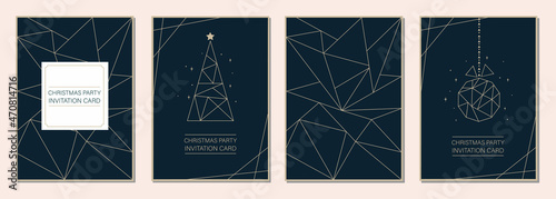 Design of a modern Christmas corporate card in a geometric style with the image of a tree, a Christmas ball and congratulations. Gold inserts on a dark blue background. Suitable for publishing on soci