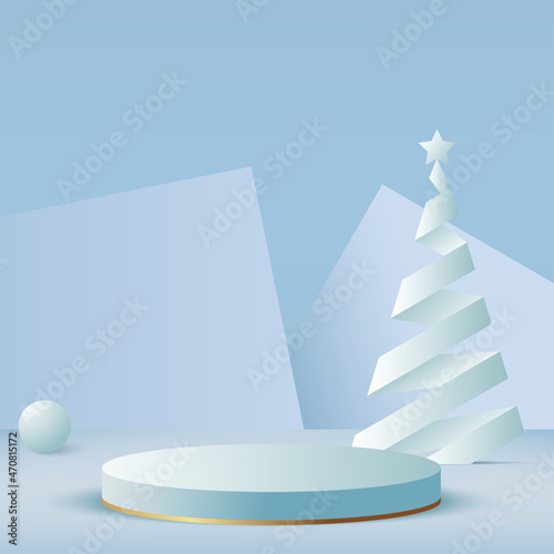 Merry Christmas and Happy New Year background with blue podium and paper pine tree. Vector.