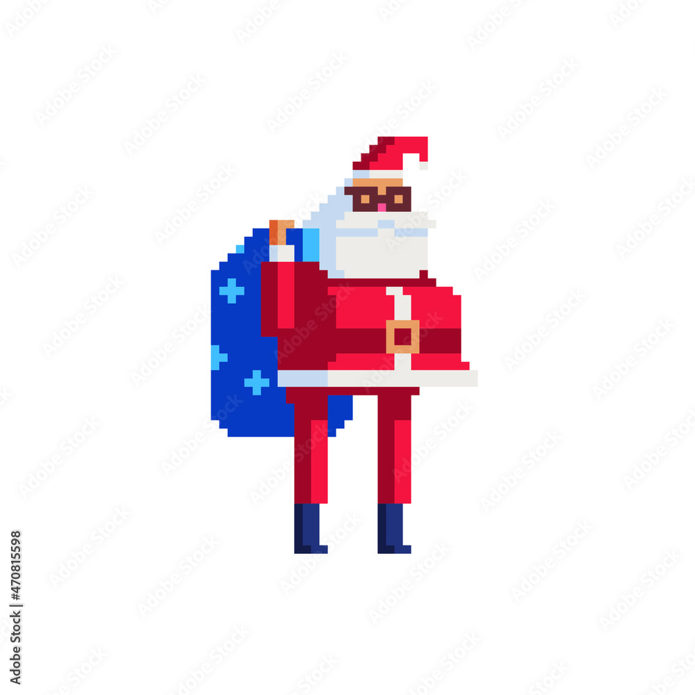 Santa claus character with presents bag. Pixel art style. isolated vector illustration.