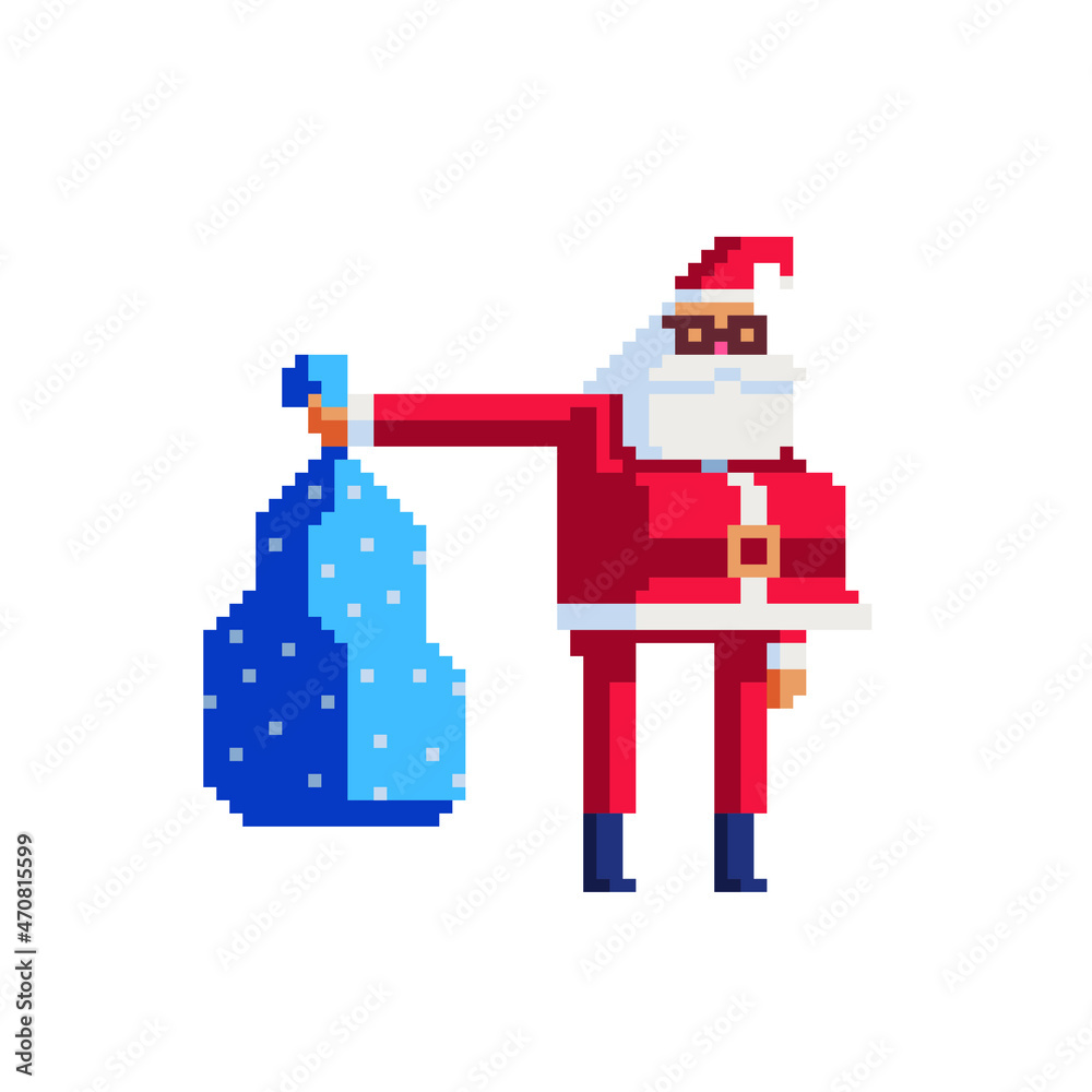 Santa claus character with presents bag. Pixel art style. isolated vector illustration. Santa claus character with presents bag. Pixel art style. isolated vector illustration.