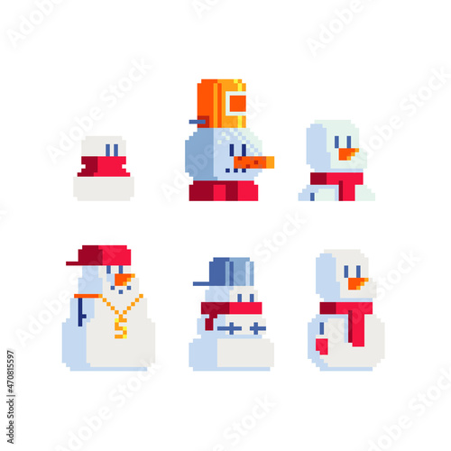 Snowman characters set. Сap on head and red scarf around neck. Pixel art greeting card design. Isolated vector illustration