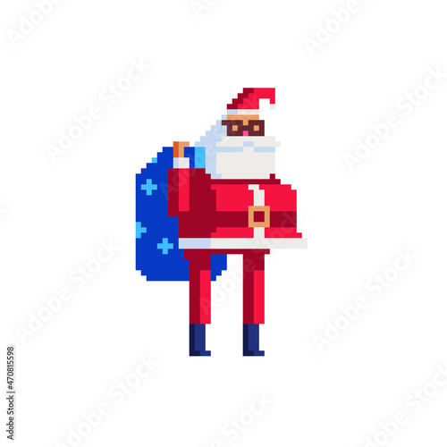 Santa claus character with presents bag. Pixel art style. isolated vector illustration.