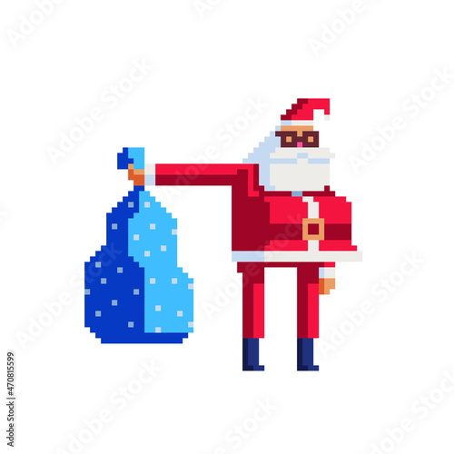Santa claus character with presents bag. Pixel art style. isolated vector illustration.