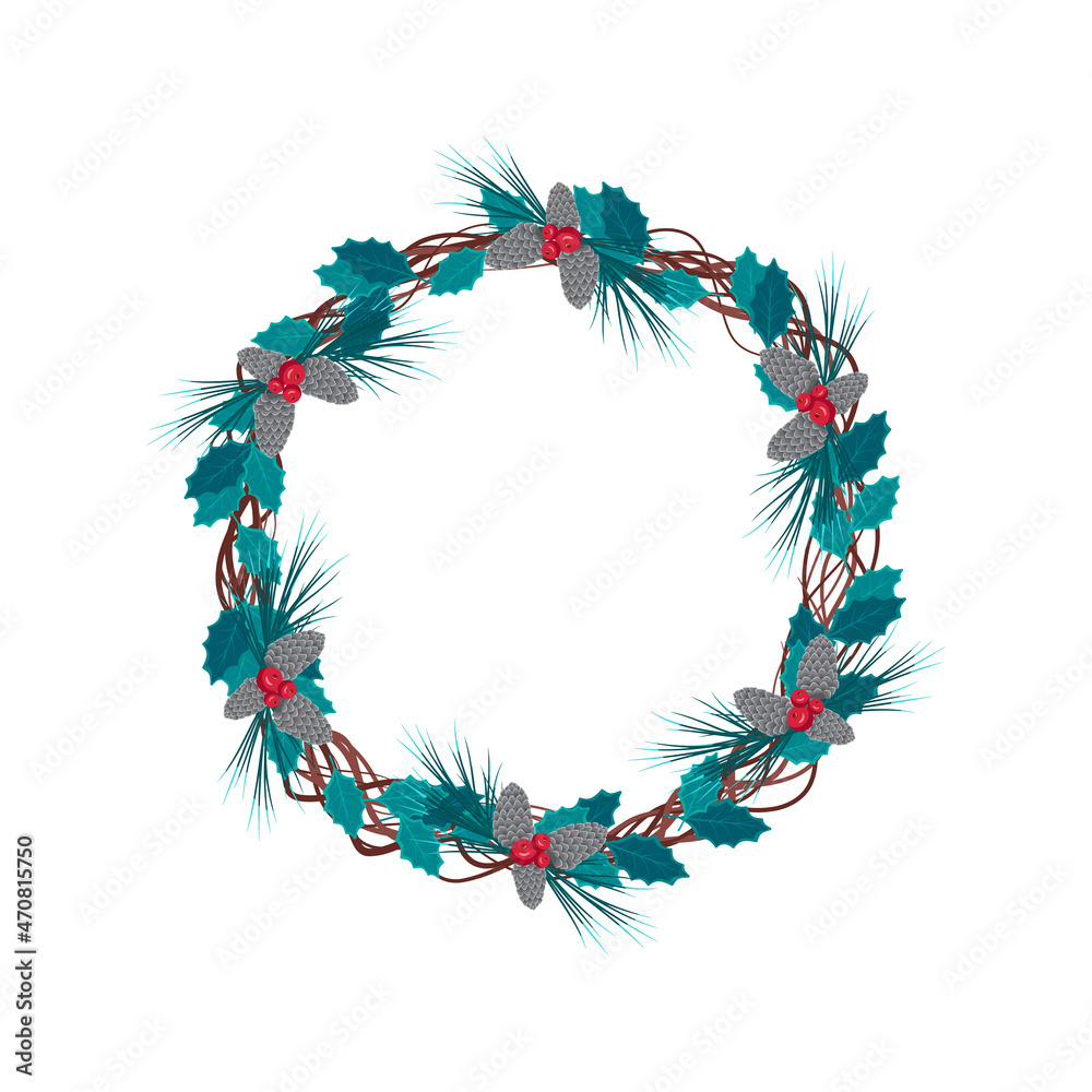Round Christmas frame of fir and pine branches, blue long coniferous needles and silver cones with red berries. Festive decoration for the New Year and winter holidays