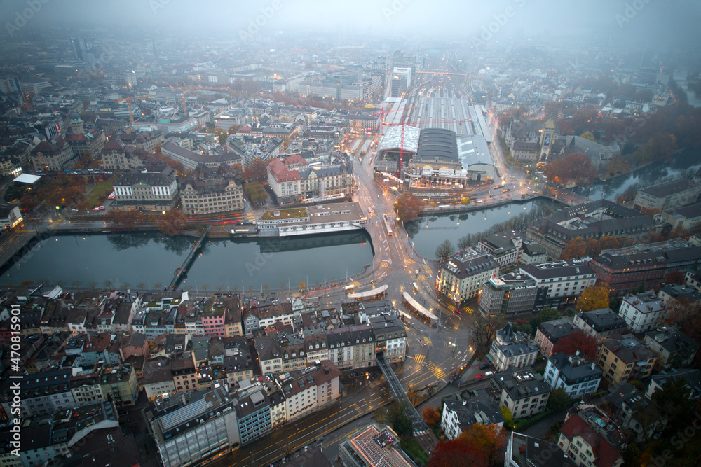 Aerial view of City of Zürich on a cloudy autumn morning. Photo taken November 14th, 2021, Zurich, Switzerland.