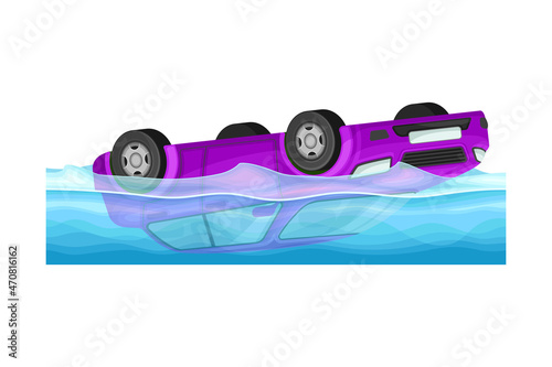 Drowned car, auto insurance case vector illustration on white background