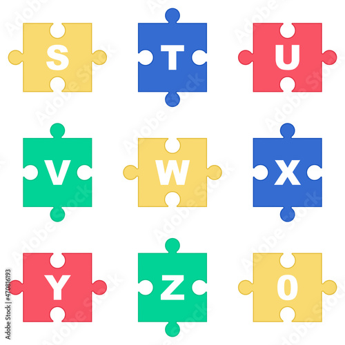 Alphabet on colorful puzzle. Jigsaw fonts for poster, banner, publication. Vector illustration.